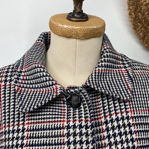 Tommy Hilfiger Classics 12 Wool Blend Houndtooth Plaid Coat Navy Red Cream Pocke - Picture 5 of 16